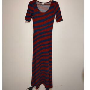 Lularoe Red Teal Blue Striped Short Sleeve Scoop Neck Maxi Shirt Dress Size Sm